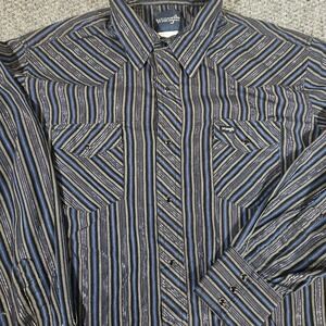 Wrangler Shirt Mens XL Pearl Snap Western Black Shiny Striped‎ Long Sleeve